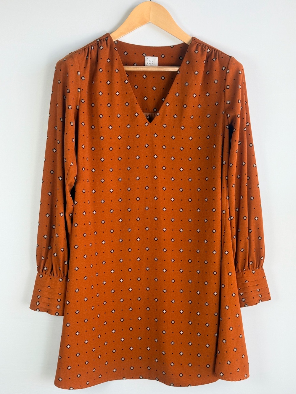 A New Day Rust Orange Geometric Print Long Sleeve Shift Dress Size Small